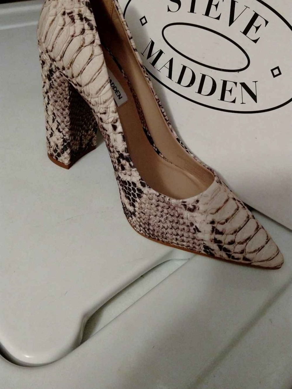 Steve Madden Beige Snake-Print Pointed Block Heel